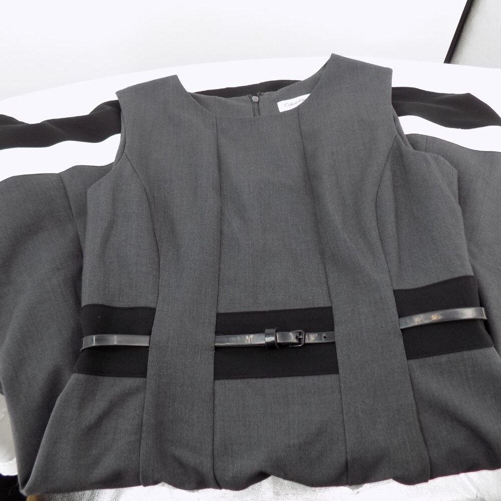 Calvin Klein Women Gray Belted Lined Sleeveless Fit and Flare Dress Size 4 - Picture 3 of 8